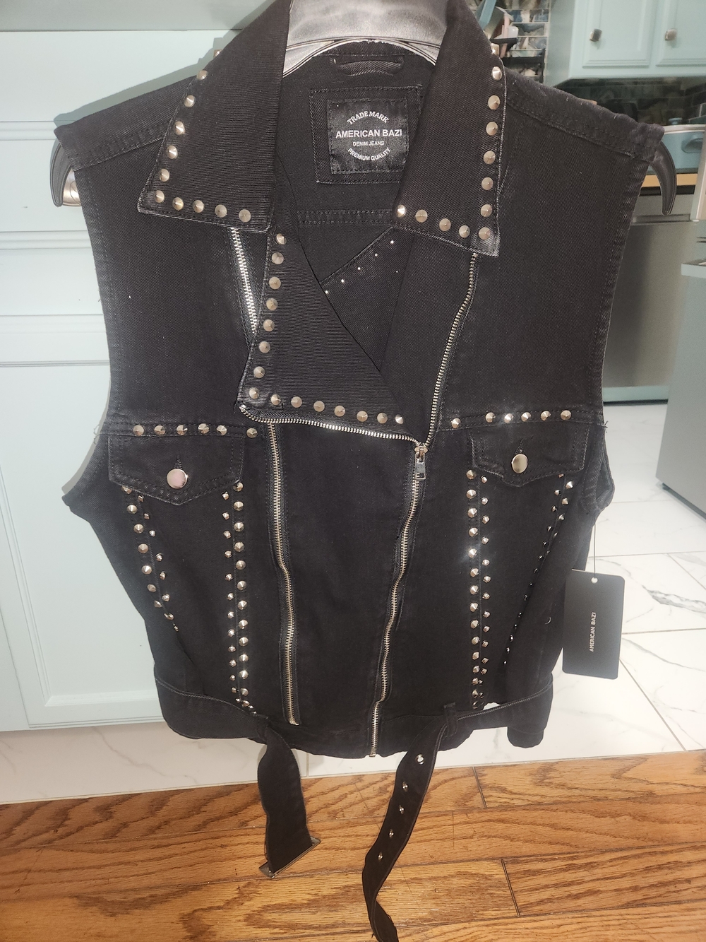 American Bazi Black Studded Denim Moto Vest with Belt